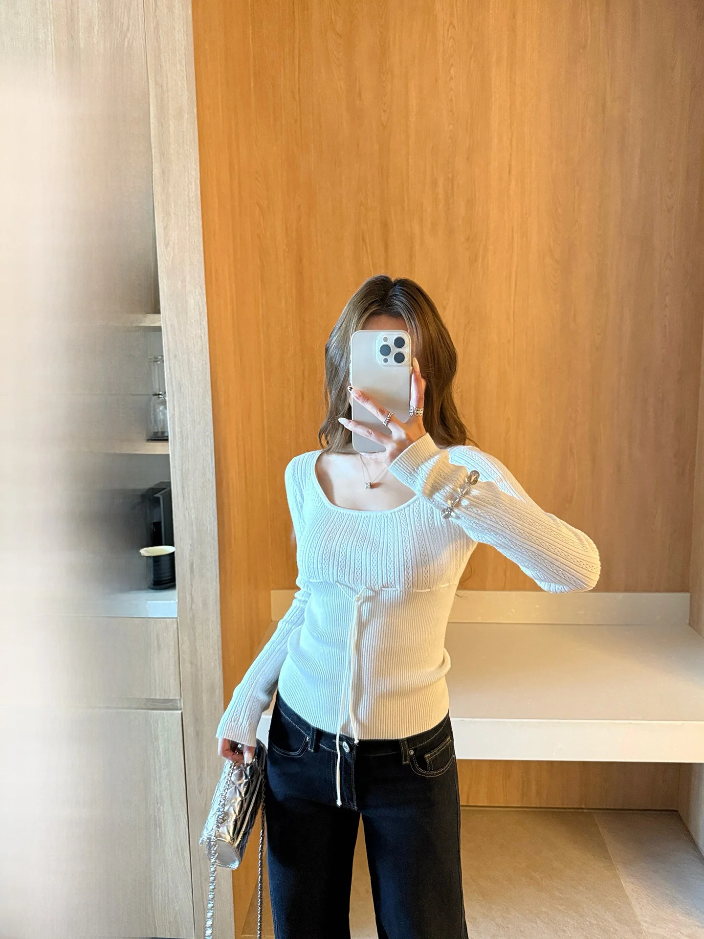 

TeeH Pure Desire Small cher Silk Wool Knitted Top Women's U-ne Long Sve Base Layer irt Casual Sle Slim Fit