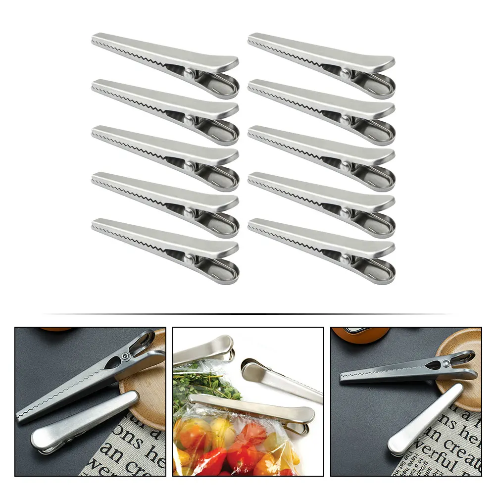 

10 Pcs Fresh-keeping Stainless Steel Clip Food Clips Bag Sealing Large for Bags Snacks Chips Crisper