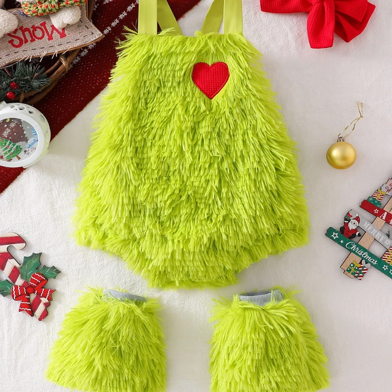 Green Christmas Monster Romper with Red Heart Baby Outfit Sleeveless Bodysuit Leg Warmers  Xmas Newborn Toddler Costume