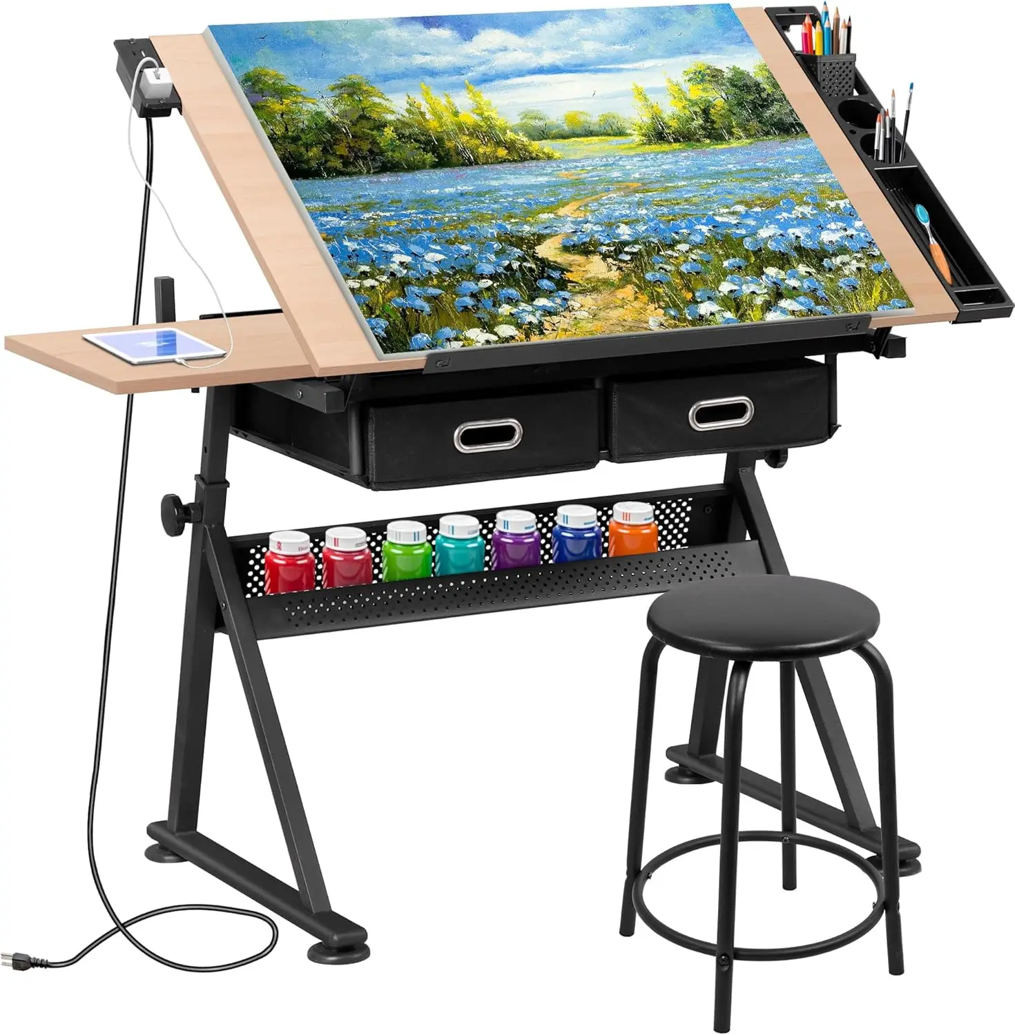 

Adjustable Drafting Desk Drawing Table Art Craft Work Station w/Stool, Power Outlet and Storage Drawers for Home Office Study