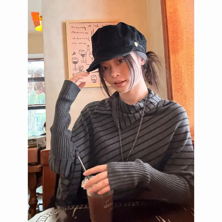 Vintage Black Grey Irregular Knitted Pullovers Autumn New Loose Striped Sweater Jumpers Japanese Subcultural Y2k Women's Top