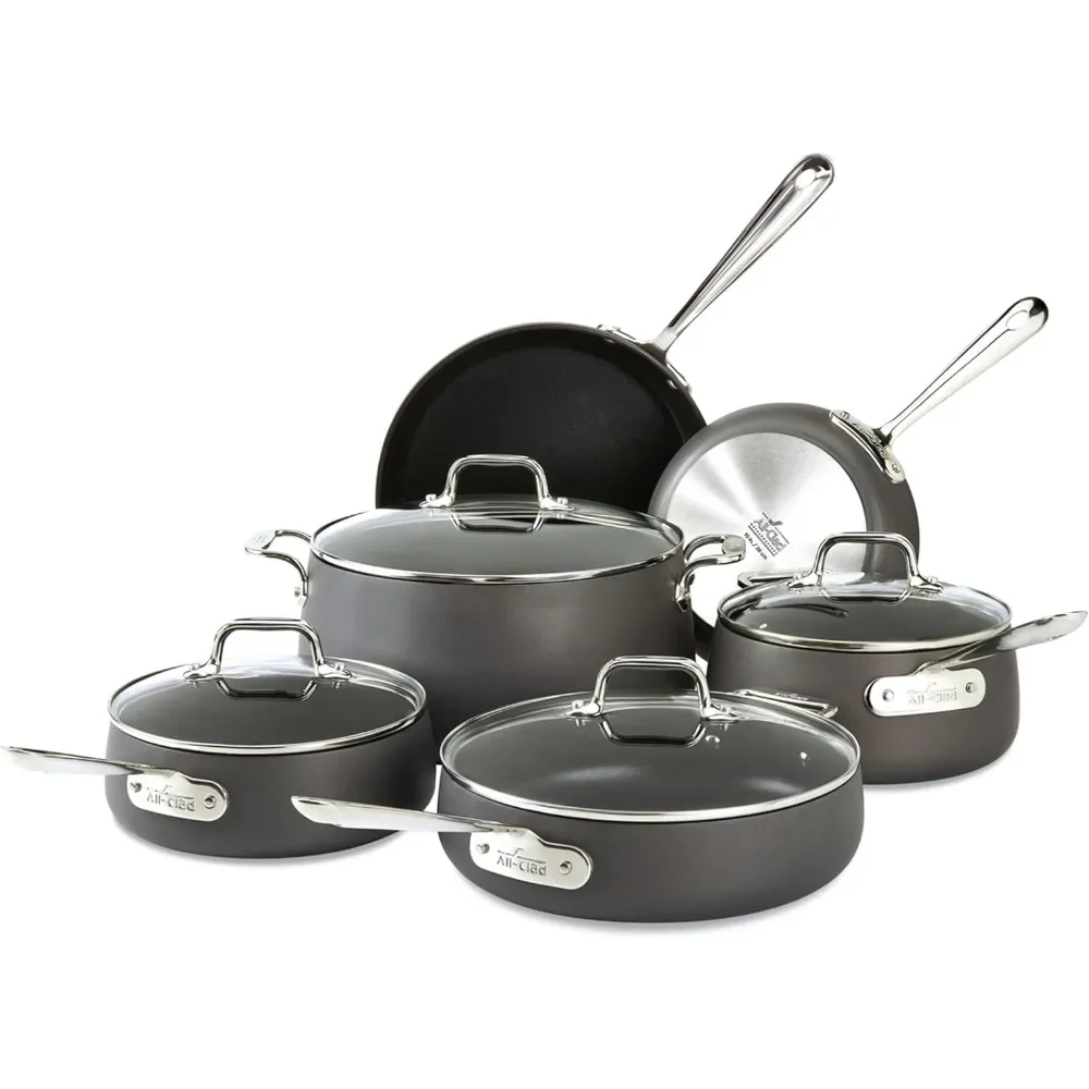 10 Piece Cookware Set, Hard Anodized Non Stick Pot Set, Cover Safe 350F Black Pot and Flat Bottomed Pot, Cookware Set