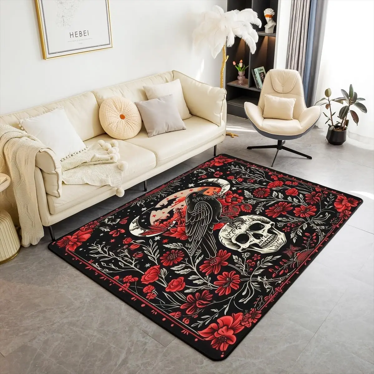 Black Crow Living Room Rugs Halloween Decoration Decorative Carpet for Kids Teens Adult Sugar Skull Skeleton Bones Area Rug