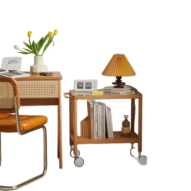 

Nordic solid wood sofa side small apartment living room cherry glass coffee table Japanese movable trolley with wheels