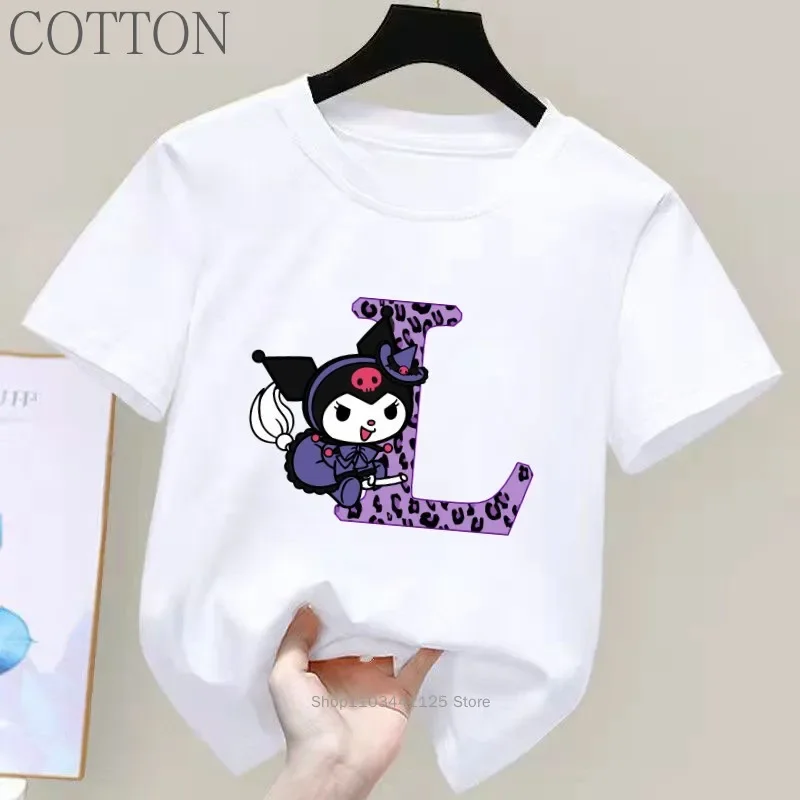 Kuromi Anime Letter A-Z Children\'s Short-sleeved New Sanrio Summer T-shirt Clothes Girly Heart Soft Clothes Kawaii Birthday Gift