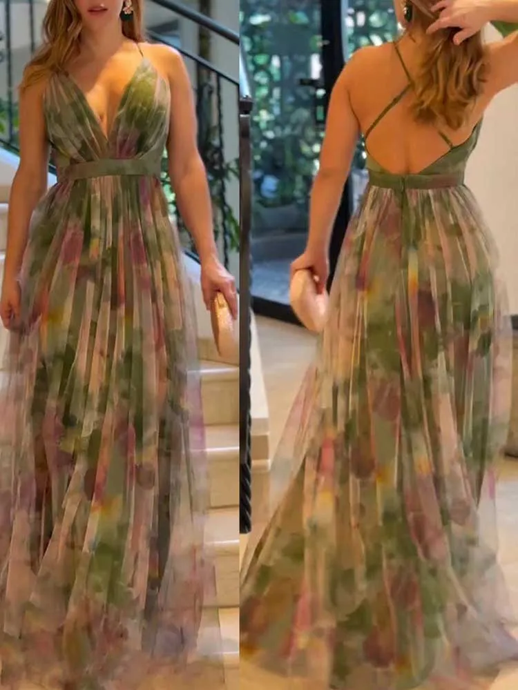 Boho Chic Jurken voor Feestjes Hoge Taille Dames Zomerjurken Verjaardag Sexy Mesh Rugloze Spaghettiband Maxi Jurk Slankmakend