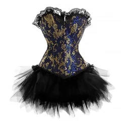 Vintage Brocade Overbust Corset Dress Halloween Burlesque Bustier Skirt Costume Sexy Gothic Black Blue Bodices