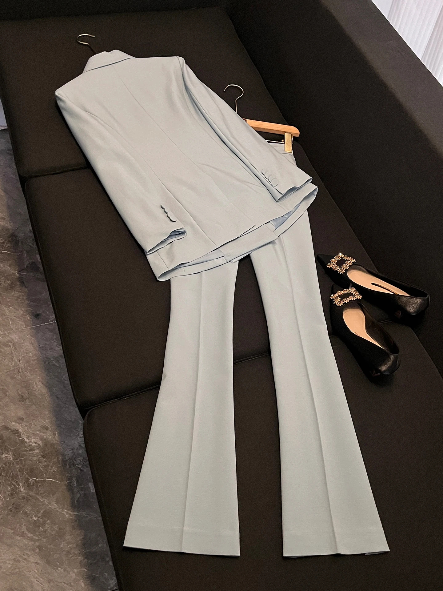 Light Blue Slim Fit Long Sleeve Suit Set for Women Early Autumn Simple Style Professional Two Piece Set P879 Workwear Uniform