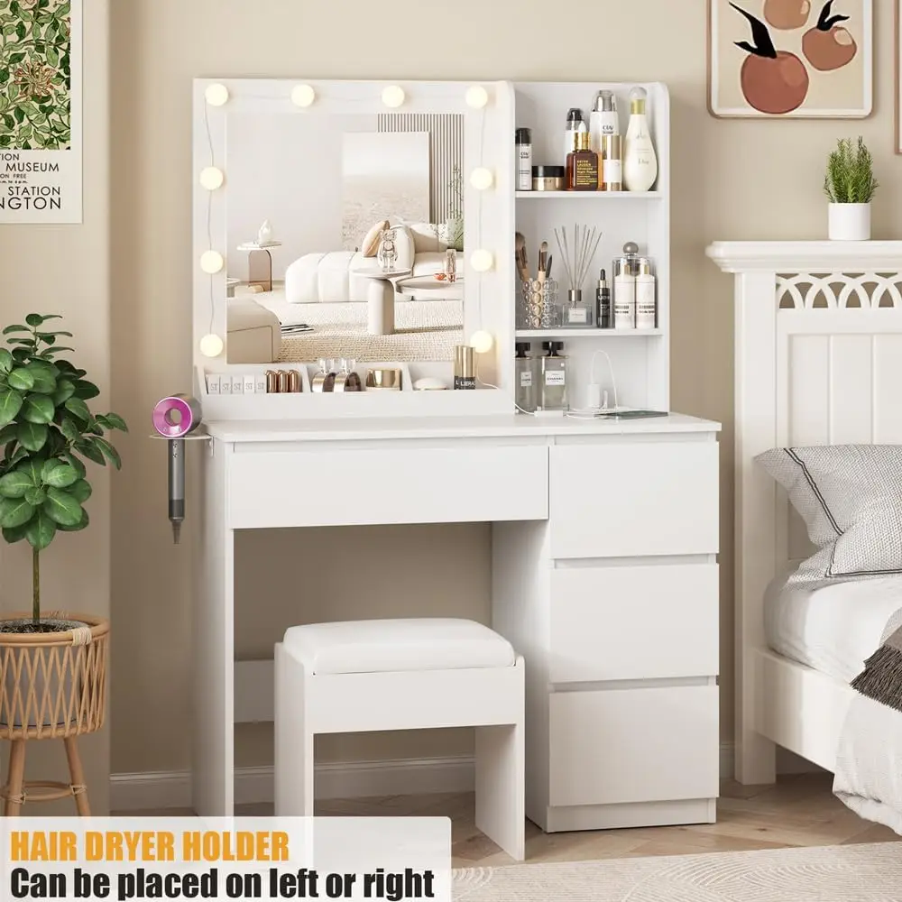 Makeup Vanity Desk Set with Mirror & Light, Dressing Table Storage Lots with Power Strip, 3 Lighting Modes (White with Stool)