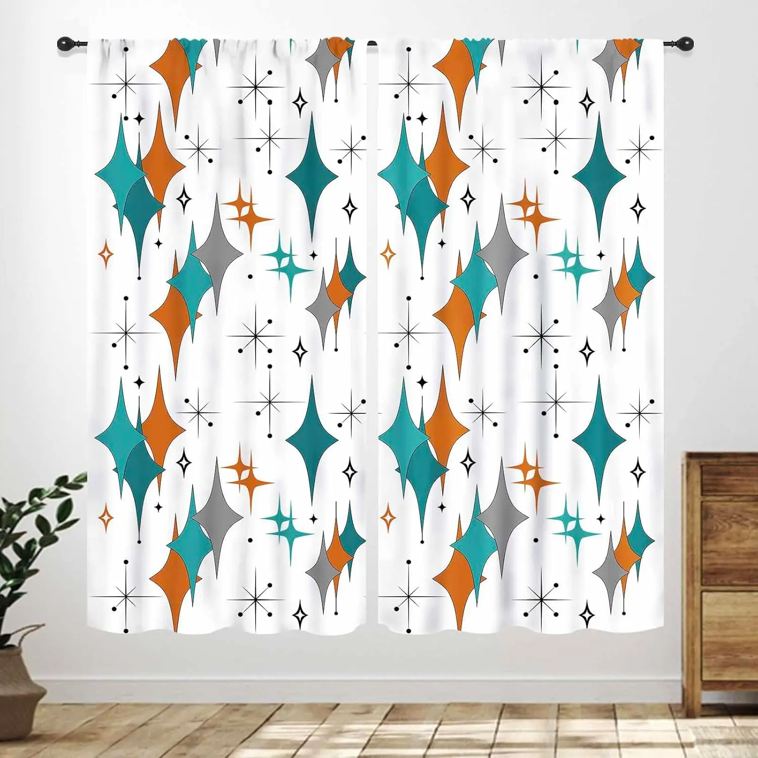 Mid Century Modern Curtains,Blue Orange Abstract Atomic Geometric Pattern Retro 1950s 1960s Style Window Treatments for Bedroom