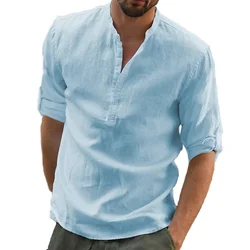 Cotton Linen Hot Sale Men's Long-Sleeved Shirts Summer Solid Color Stand-Up Collar Casual Beach Style Plus Size Linen Man Tops