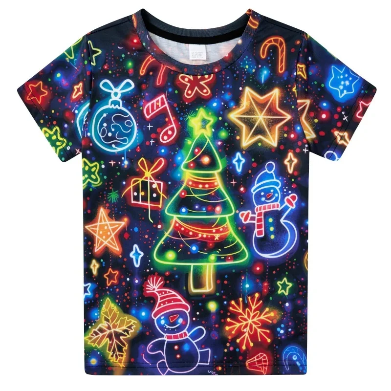 Fashion New Neon Christmas T-Shirt 3D Print Christmas Tree Snowman Candy Cane Graphic Short Sleeve Boys Girls Holiday Party Tee