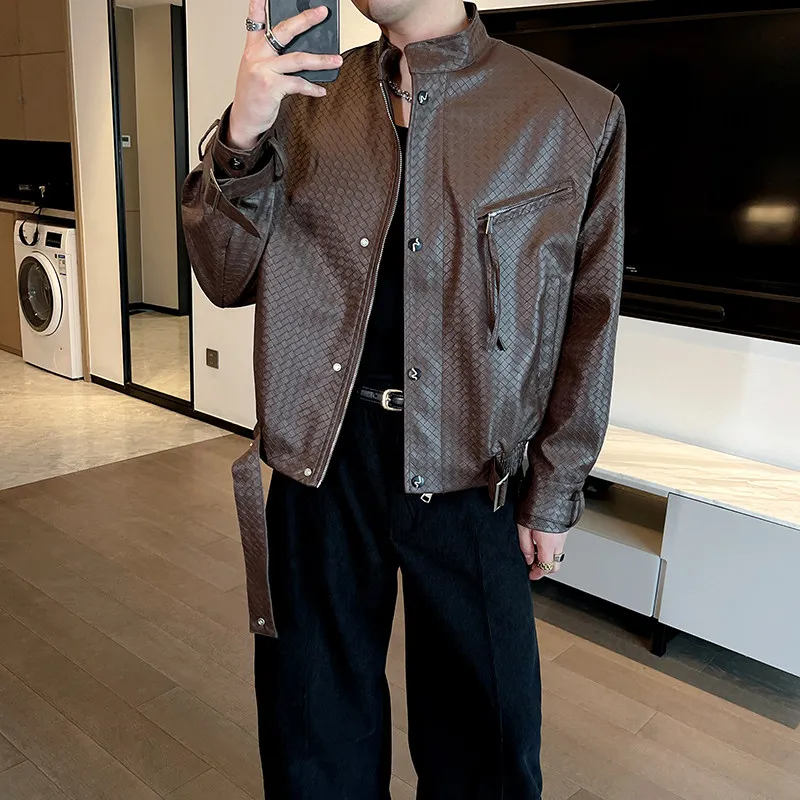 

Heavy-Woven American Sle Men's Leather Jaet Motorcycle Vest PU Leather ort Sve Casual Faion Waterproof Autumn Coat