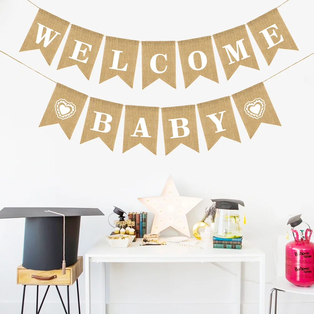 WELCOME BABY Letters Bunting Banner Decoration Heart Shape Linen Burlap Banner Swallowtail Pull Flag Party Supplies for Birthday