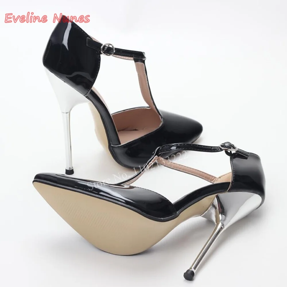 Sexy Black Buckle Pumps 2024 Women\'s Patent Leather 14cm Metal Stiletto Heel Pointed Toe Fashion Elegant Summer Plus Size Shoes