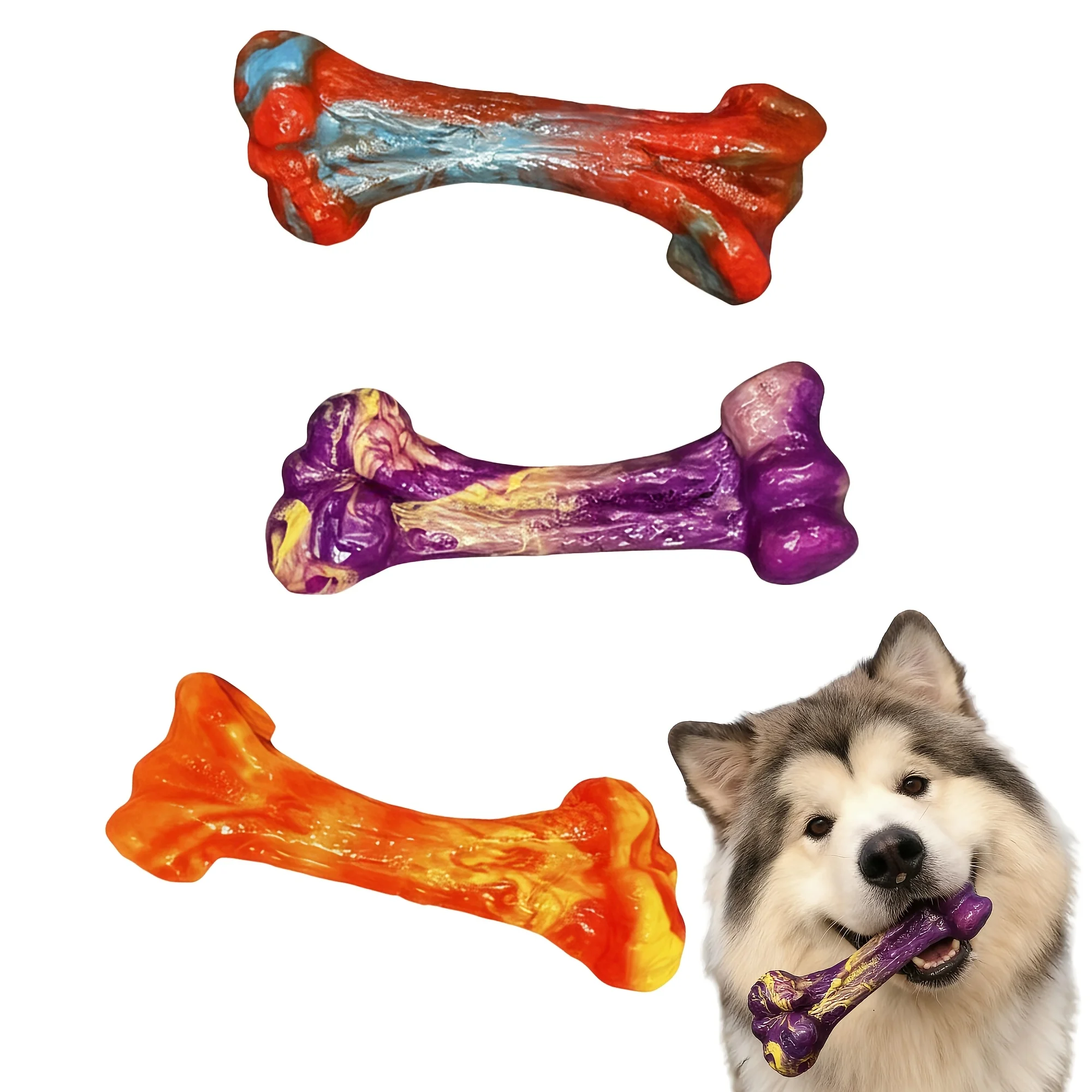 

3 Pack Indestructible Dog Chew Toys for Aggressive Chewers, Tough Heavy Duty Bone Toys for Large Medium Dogs, Durable Puppy Teething Toys for Boredom, Long Lasting Dental Care Pet Toys, Purple/Red/Orange Set