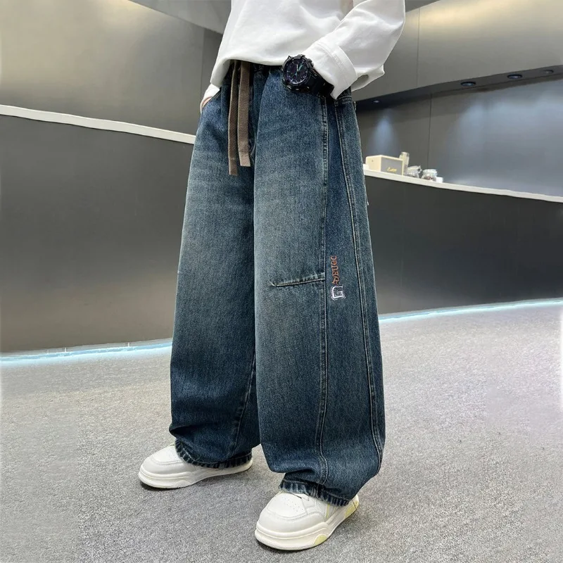 2026 Kinder-Jungen-Jeans UNITIM Herbst Kinder Jungen Gerade Denim-Hosen Lose Elastische Taille Junge Teenager Jungen Weite Hosen – Detail 4