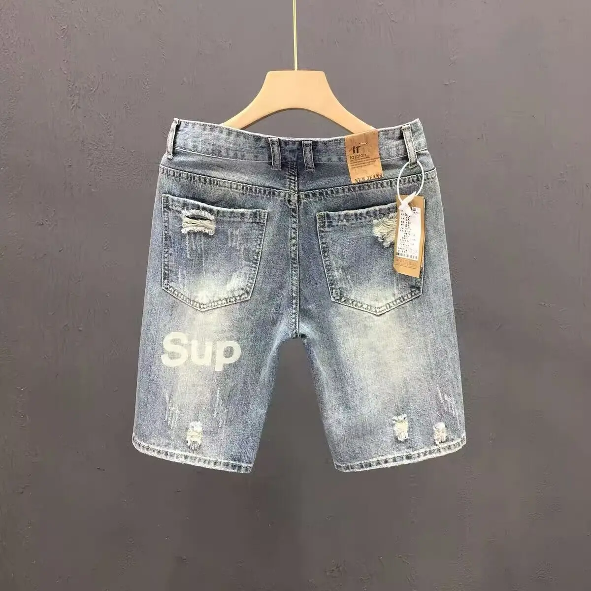 Korean Fashion Mens Clothing Ripped Letter Printed Summer Luxury Casual Destroyed Boyfriend Knee Length Denim Shorts for Men