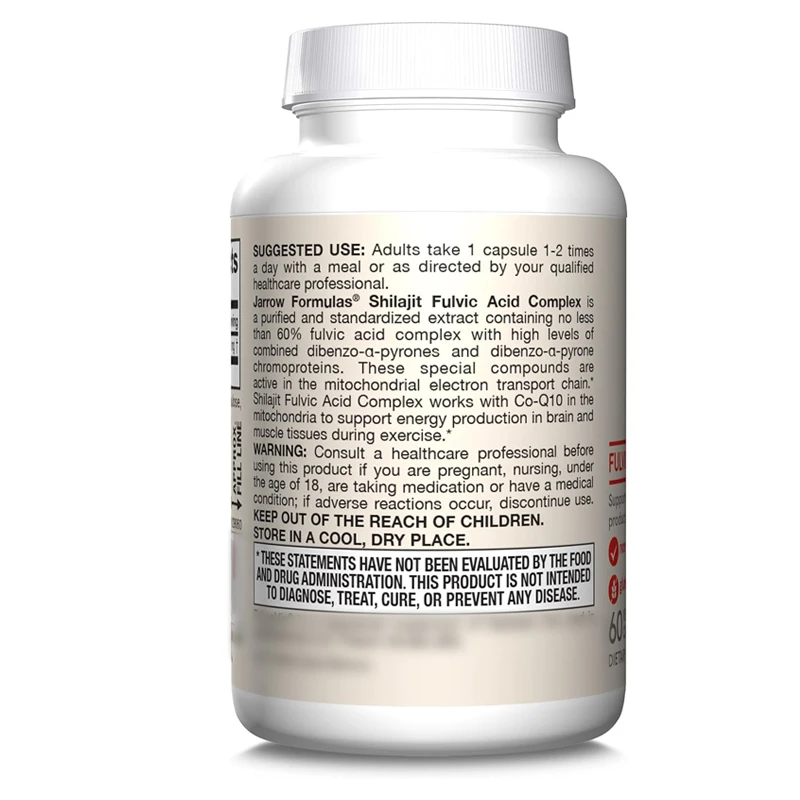 Complejo de ácido fulvico 250 mg -60 cápsulas vegetarianas apoyan la producción energética, la función mitochondriana y la actividad de coenzima Q10