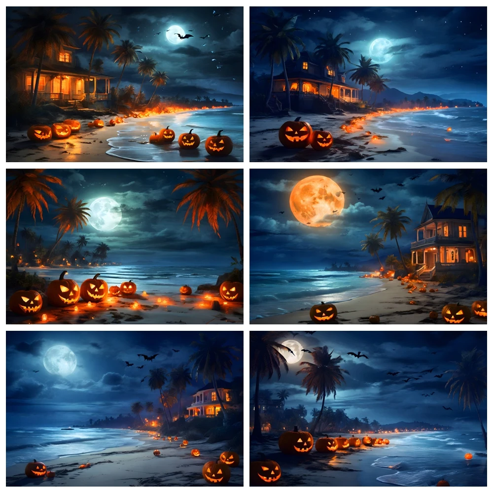 Halloween Night Beach Backdrop Pumpkin Full Moon Pumpkin Coconut Sea House Palm Tree Halloween Baby Photography Background Decor