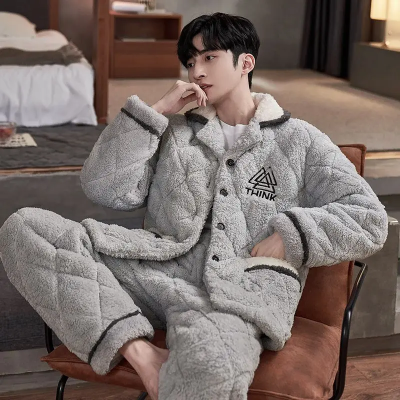 Winter Extra Thick and Extra Thick Warm Coral Velvet Three Layer Cotton Lapel Flannel Home Suit Set Teenagers Pajamas for Men