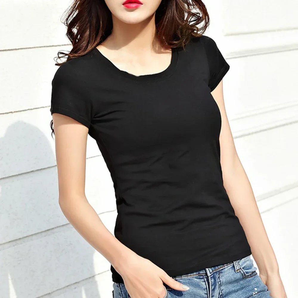 Women's Basic Tees Solid Color Plain Top Breathable Short Sleeve Round Neck V-Neck Tops Fashion Stretch T-shirts Woman Clothing image 3