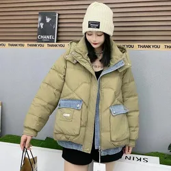 New Women's Denim Splicing Down Jacket Autumn Winter Warm Jackets 90% White Duck Down Coat Female Cold Hooded Parker Outerwear