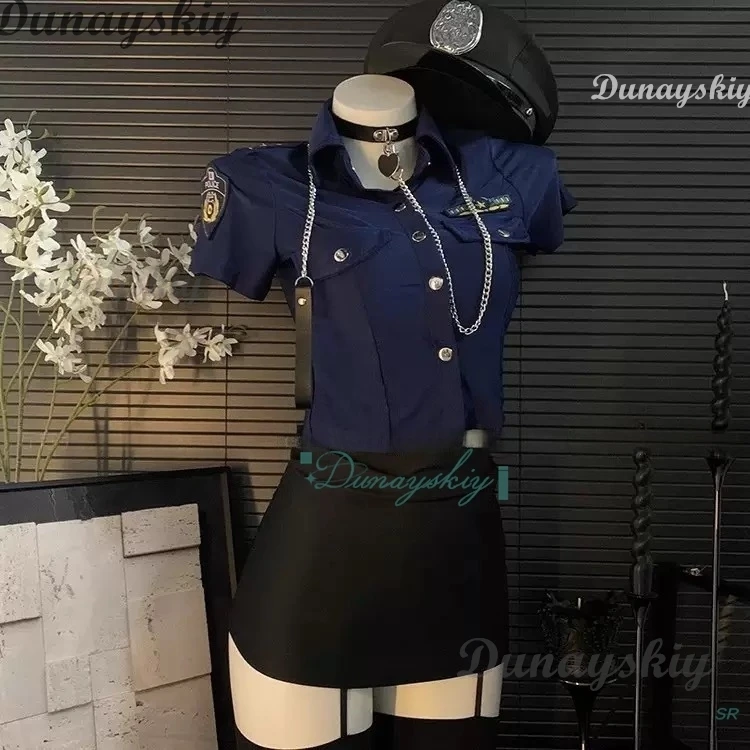 نساء ضابط الشرطة/مضيفة طيران تأثيري طوق تنورة الحرير الأسود Strappy الجوارب قميص هالوين هدية عيد الحب