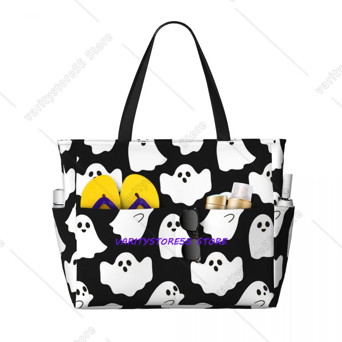 Ghost Halloween Cartoon Pattern Beach Tote Bag Sport Gym Yoga Duffle Large Tote Bag Women Travel Fitness