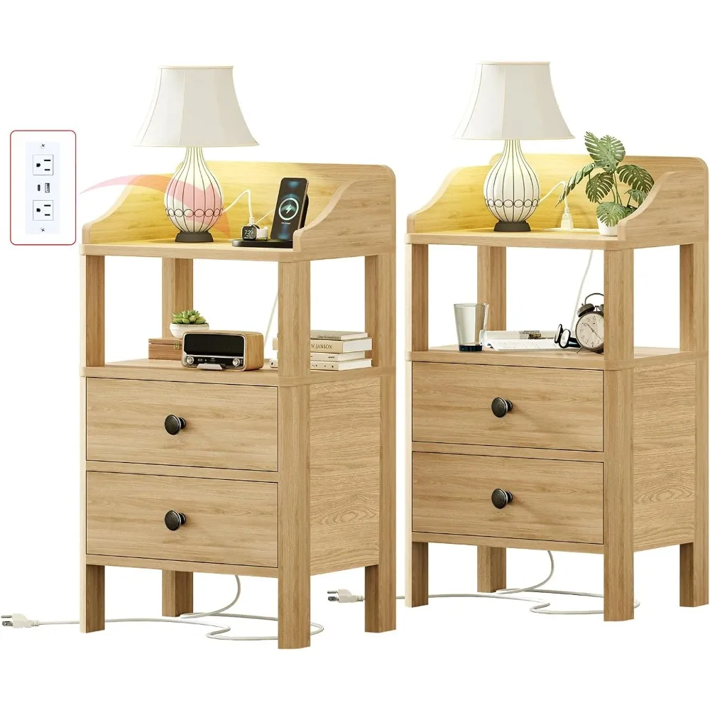 

Bedside Table 15.75-inch Compact Bedside Table with USB and Type-c Ports 2 Drawers and Open Shelves Wooden Nightstand