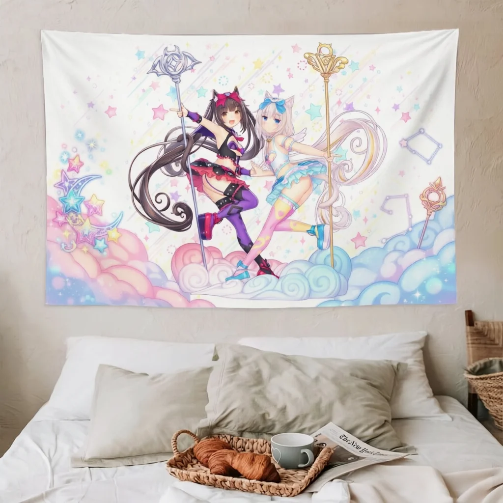 Nekopara Chocola Vanilla Kawaii Tapestry Twin Cat Girls Star Rainbow Magic Wand Anime Wall Hanging Teen Girls Dorm Bedroom Decor
