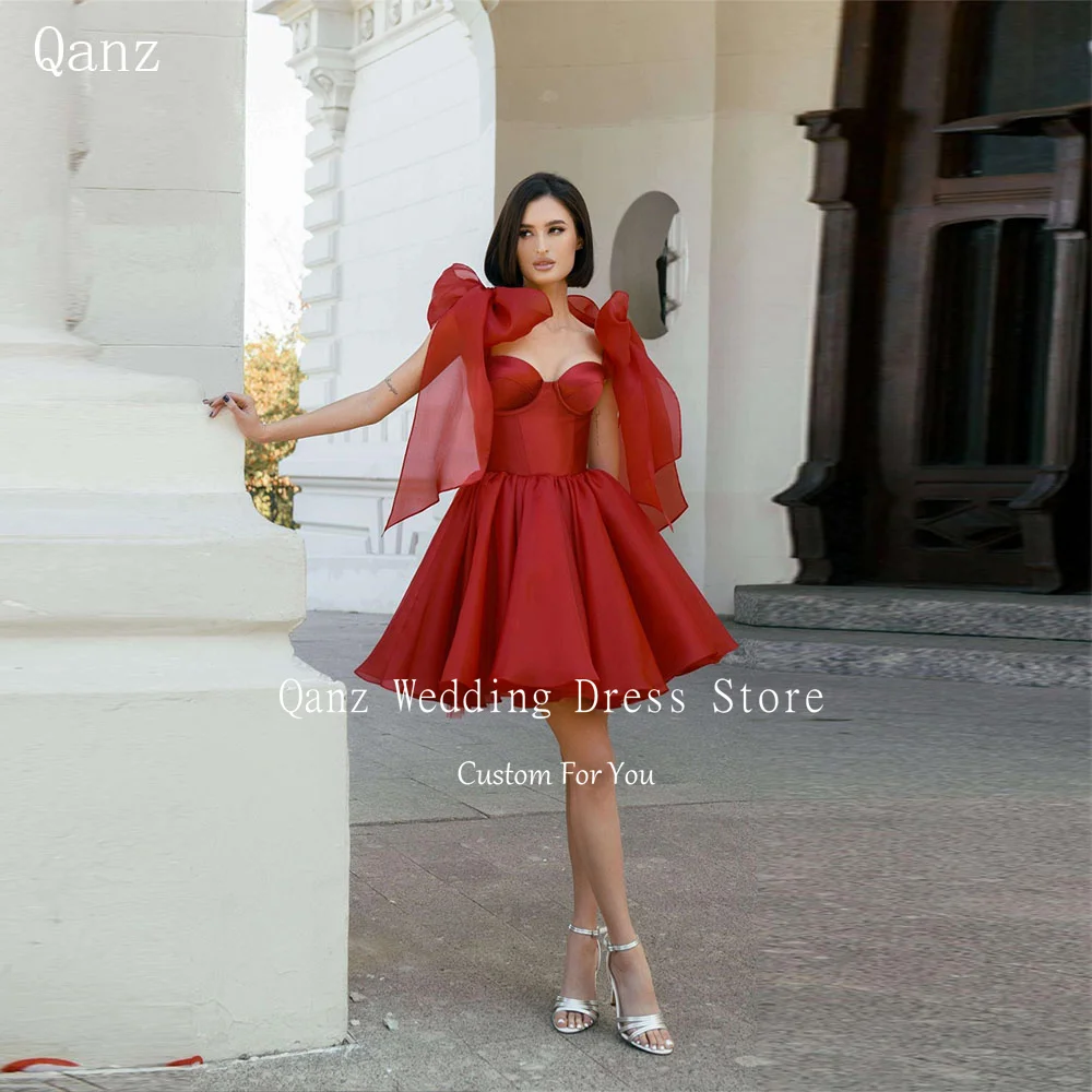 

Qanz Red Organza Prom Dresses Sweetheart Bow Straps Wedding Guest Events Short A Line Puffy Birthday Party Gowns Customized