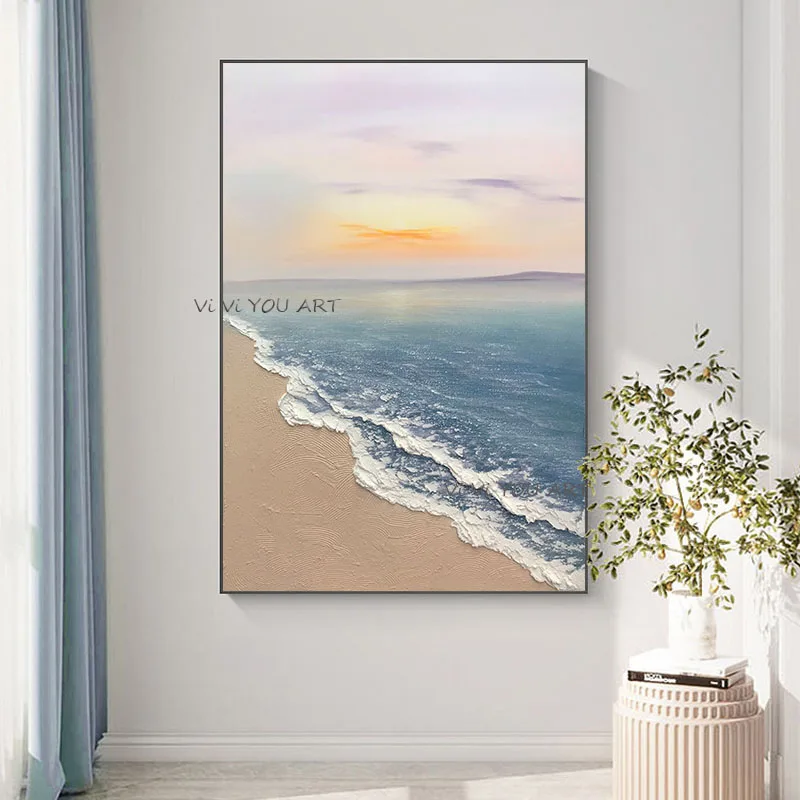 

hand-painted romantic colorful sea ocean blue sky sunset paintings on canvas wall decoration gifts no framework