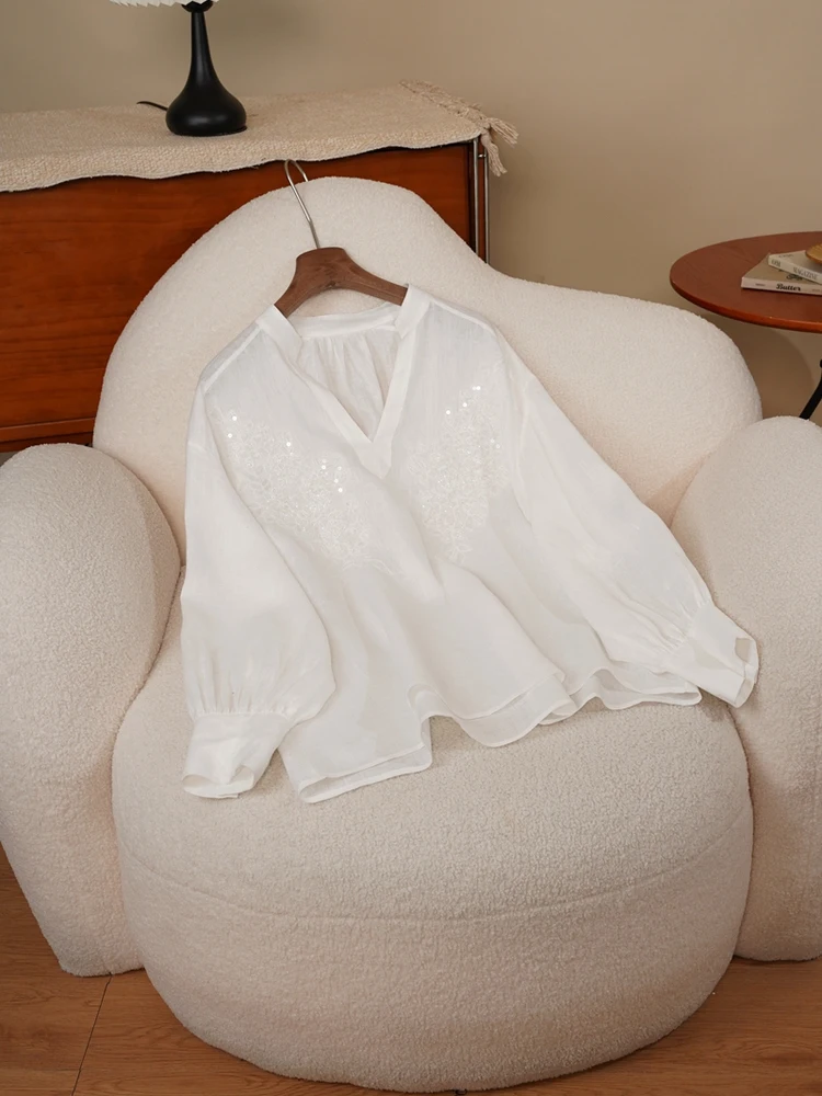 

Белый льняной свободный V-Ne накладной вышитый солнцезащитный крючок с цветочным принтом, осенний женский модный классический Sle Long Sve