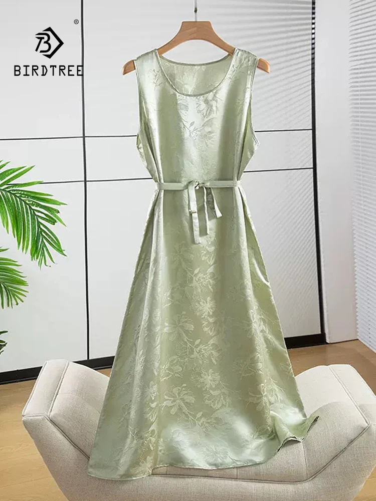 

BirdTree, 100%Real Silk Elegant Dress, Women Sleeveless Jacquard, Temperament Retro Commute Dresses, 2024 Summer Autumn D46940QC