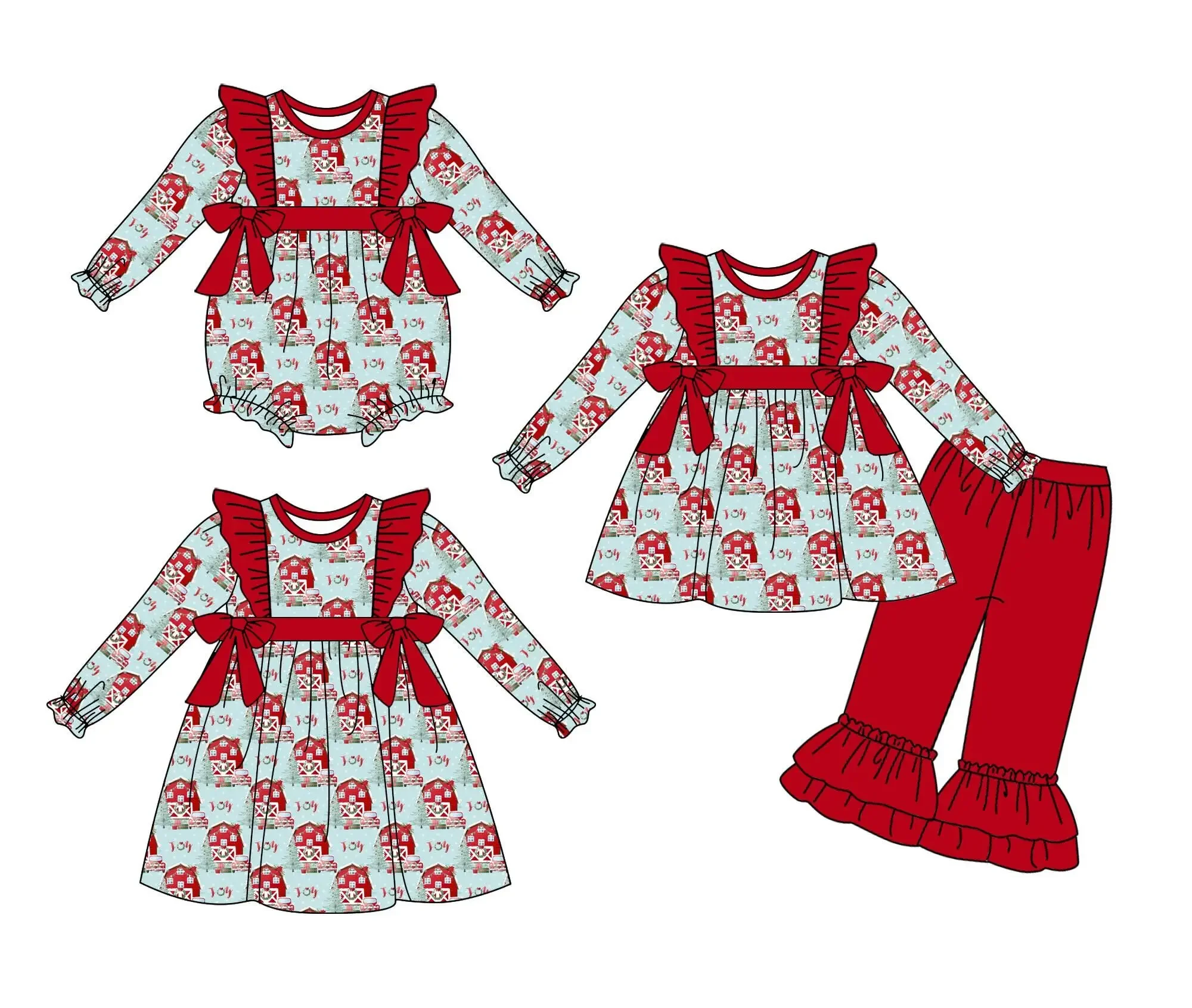 

New boutique girls series long-sleeved farm house printed trousers lace children's set baby romper dress