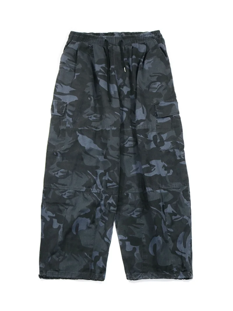 American Retro Camouflage Work Pants Men's Trendy Dstring Cuffed Wide Leg Straight Cut Casual Long Trousers