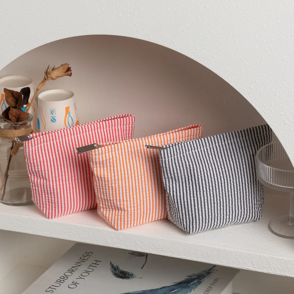 Gestreifte Clutch-Kosmetiktasche für Damen, großes Fassungsvermögen, Make-up-Tasche, Reise-Kulturbeutel