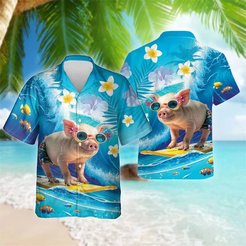 

Hot Sale Summer Men clothe 3D Print Animal PIG Men Hawaiian Shirts Men Fashion Holiday Button-up blouse Men Beach Vacation shirt