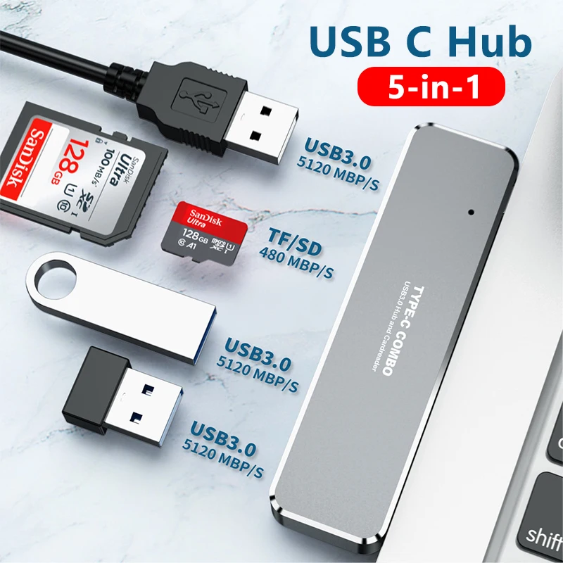 

5-in-1 USB C Hub, USB C Docking Station, Multiport USB Hub, USB 3.0, TF/SD, for MacBook M3 Air Pro Adapter, for iPad, for Switch