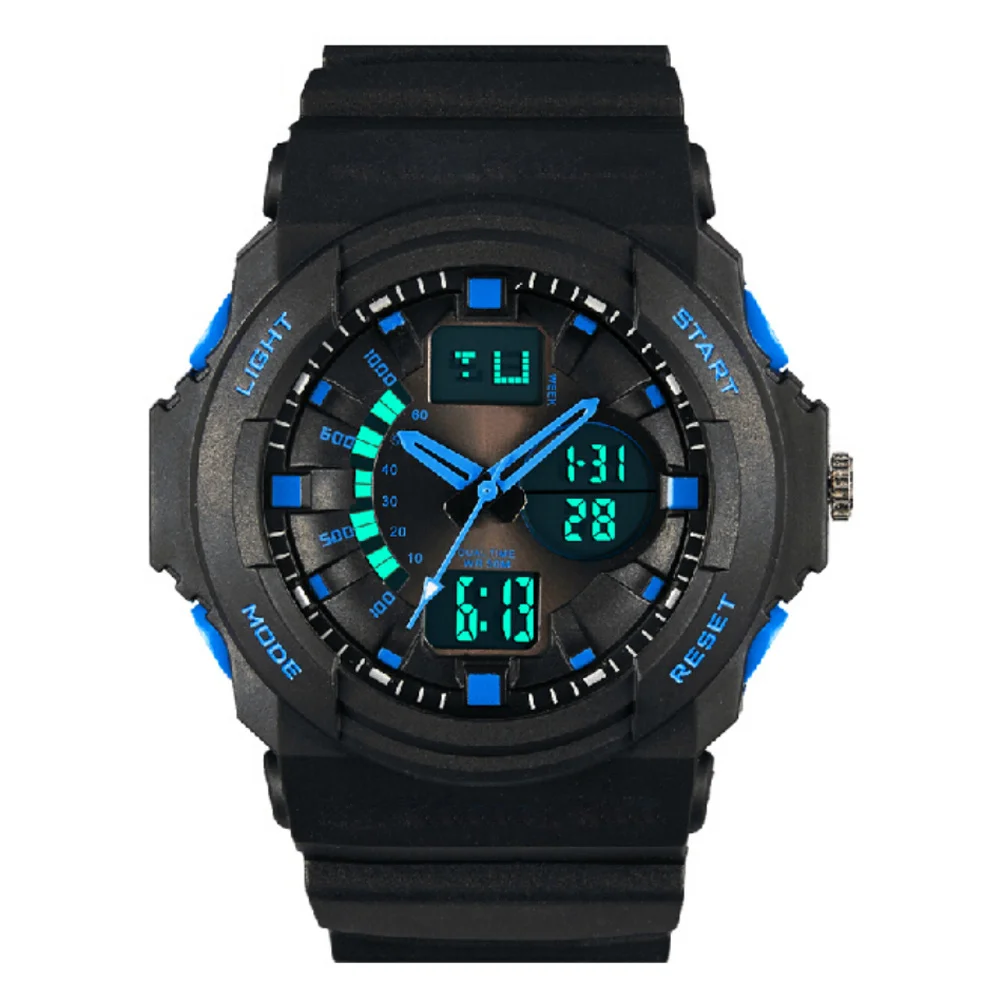 66866 ساعة رياضية خارجية للرجال بتوقيت مزدوج أزرق LED رقمية كوارتز مقاومة للماء ساعة توقيت إنذار El الخلفية تاريخ الأسبوع كل يوم