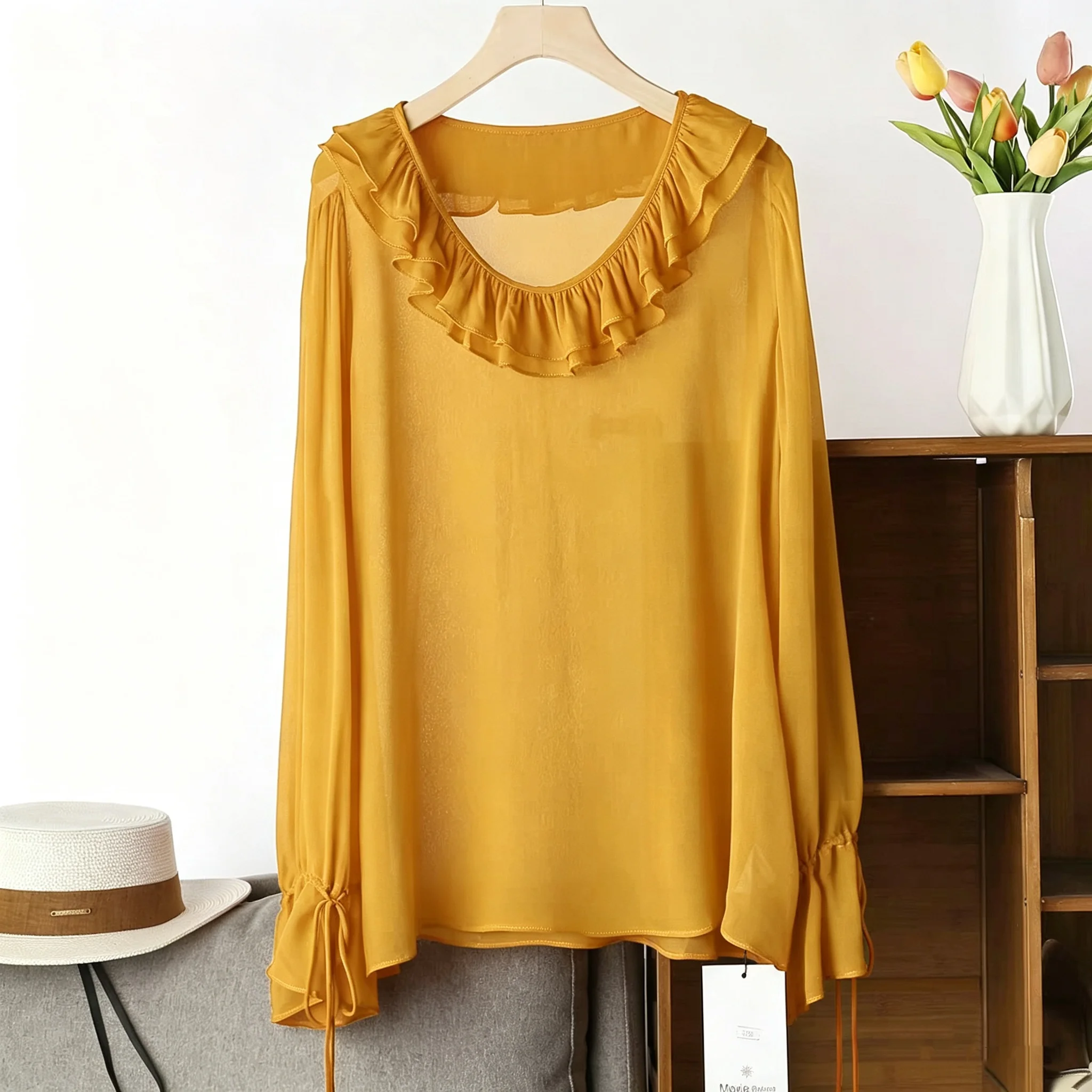 Korean Fashion plus Size Women's Blouse Long Sleeve Chiffon Top with Ruffle Collar Sexy Elegant Thin See-through 5XL 6XL view 2