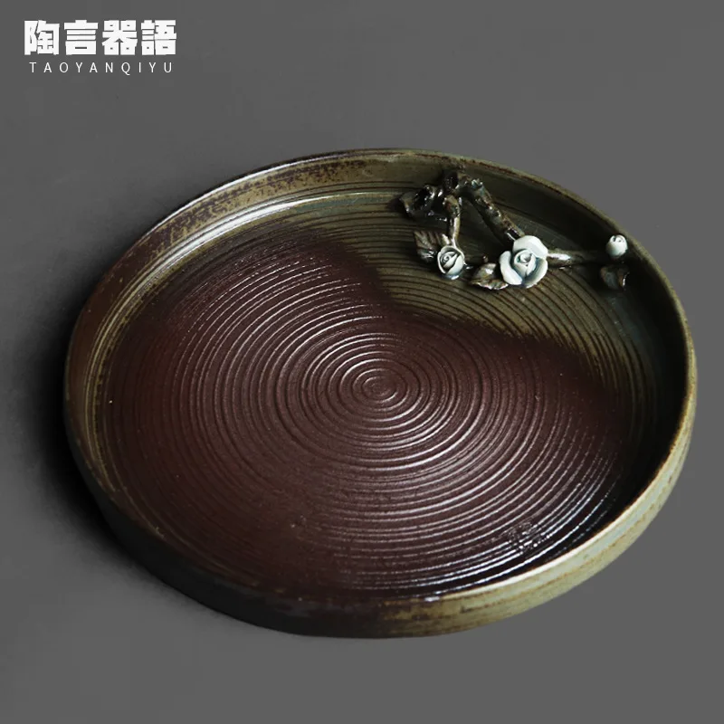 

Rock mine clay vintage pottery round tea tray hand-carved petals blooming design Japanese-style small tray landscaping plate