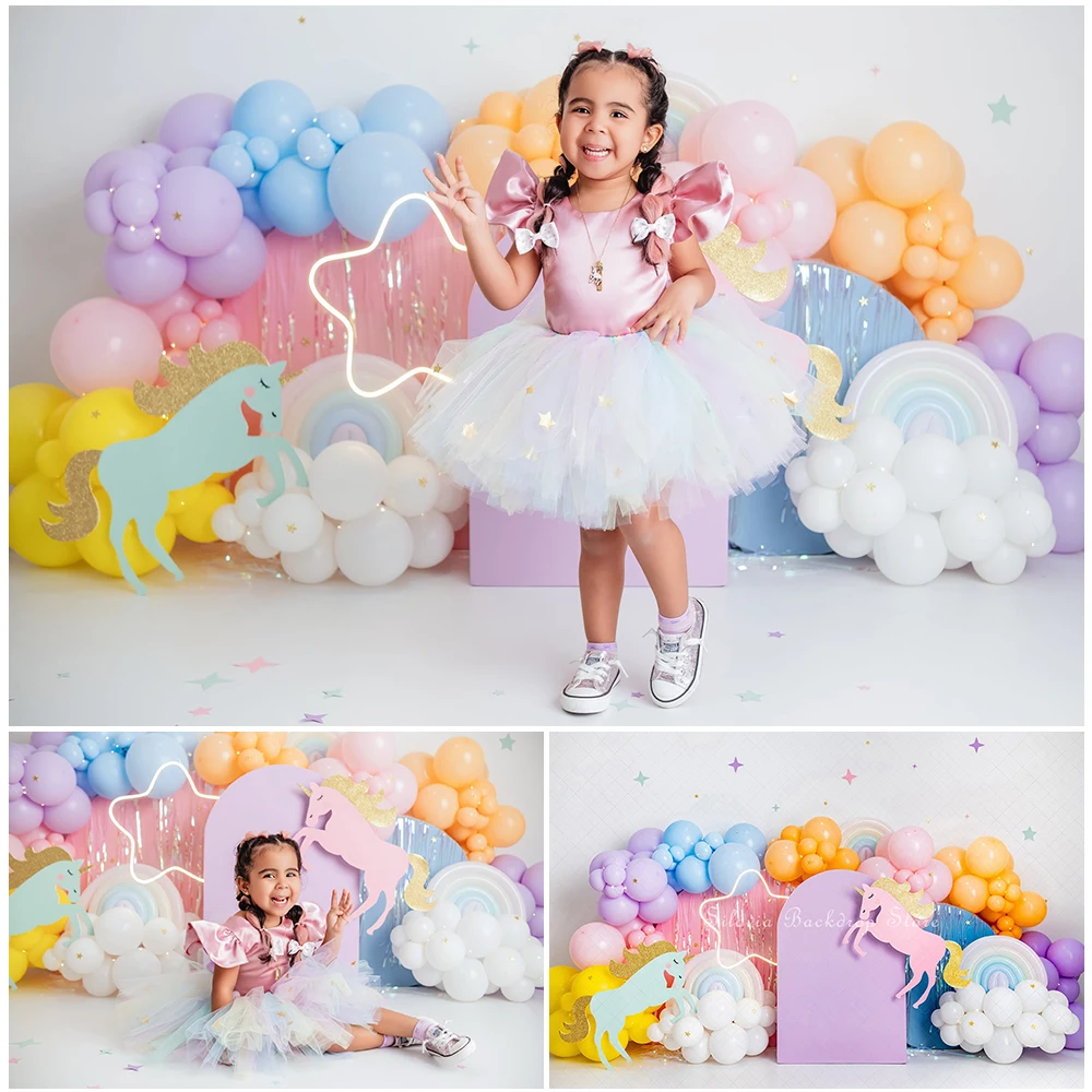 

Unicorn Rainbow Leap Photo Background Birthday Cake Smash Photography Backdrop Balloons Decor Kids Portrait Photo Studio Props