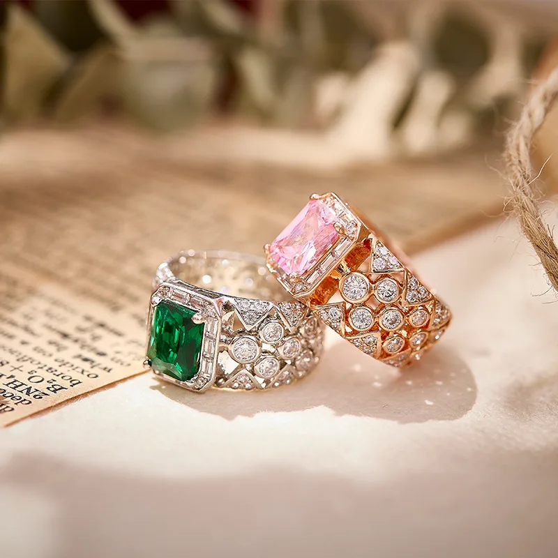 

Дизайнерская коллекция, модное кольцо, женское женское инкрустация с кубическим цирконом, синтетический розовый турмалин, изумрудные вечерние украшения