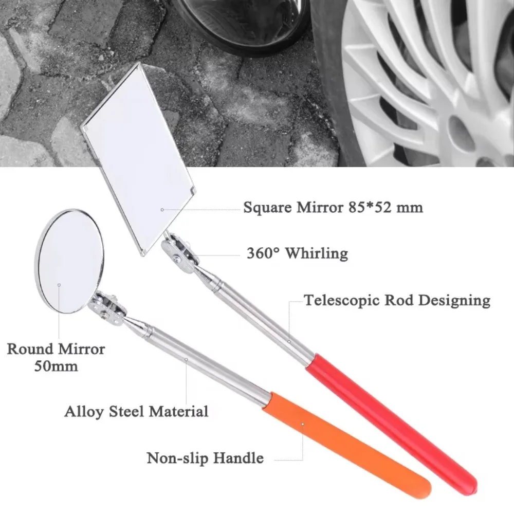 Extendible Inspection Rotatable Mirror Stainless Steel Square Angle Telescopic Mirror Round Detection Tool Equipment Automotive