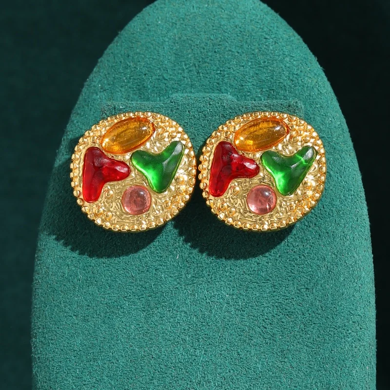 Vintage Red And Green Glazed Heart Earrings Gold Color Trendy Art Deco Jewelry For Woman Luxury Antique Brand High Quality Gift