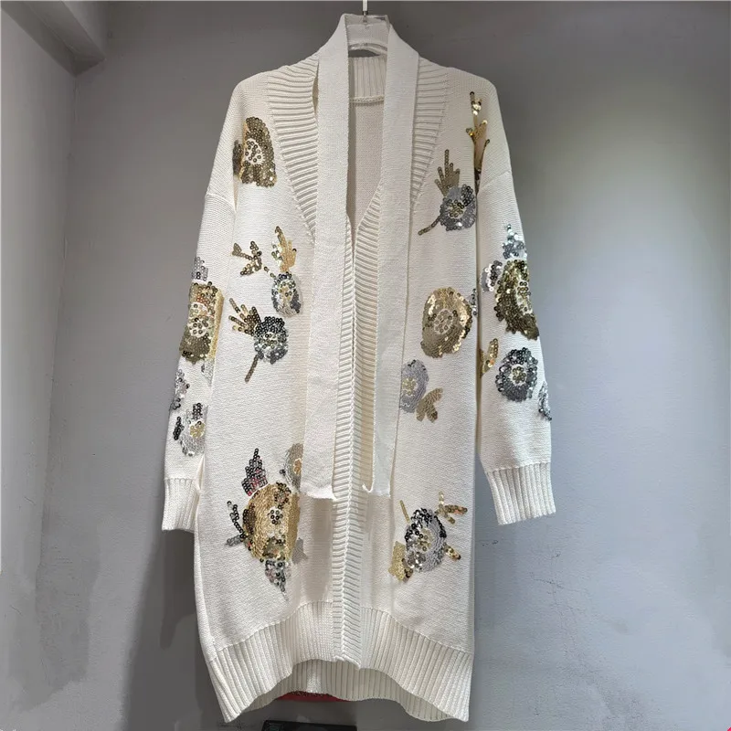 Luxury Woman Flowers Embroidery Sequined Long Knitted Cardigan Beaded Sweater Coat Jacket V-Neck Knitwear Tops with Belt