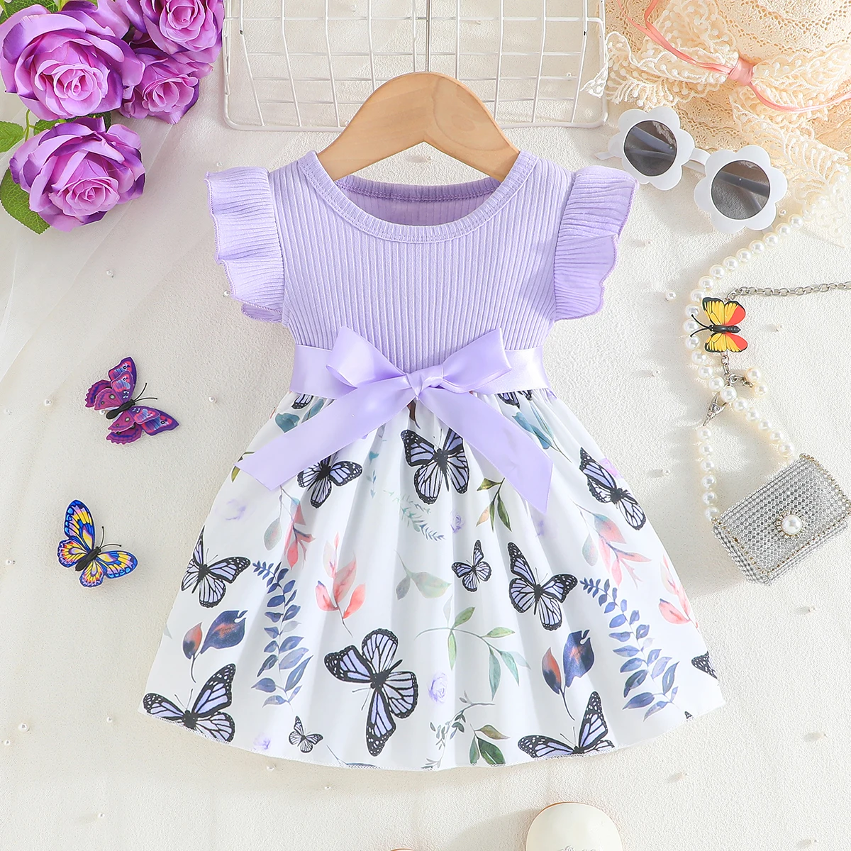 Dress For Kids 6-36 Months Cotton Ruffle Sleeve Cute Butterfly Floral Summer Princess Formal Dresses Ootd For Newborn Baby Girl