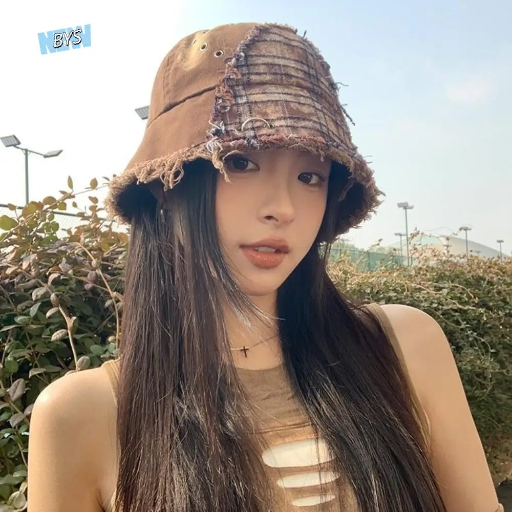 

Vintage Japanese Plaid Bucket Hat Patched Beggar Style Retro Fisherman Hat Bule Splicing Sun Protection Basin Cap Male/Female